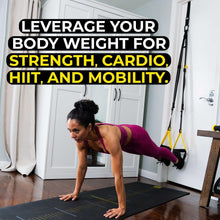 Suspension training straps with yellow accents and attached handles for bodyweight workouts