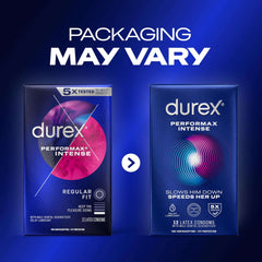 Durex Performax Intense condoms UAE showing two blue package designs with packaging may vary banner