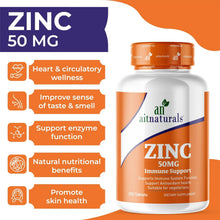 Aitnaturals Zinc 50 mg bottle with wellness callouts: heart support, enzyme function, skin health
