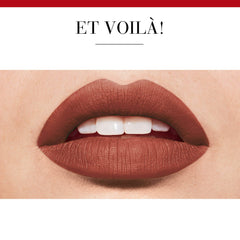 Close-up of lips wearing brown Bourjois Rouge Velvet Lipstick with a smooth matte finish