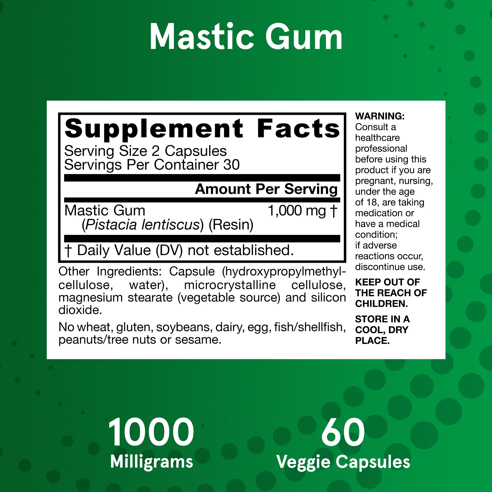 Jarrow Formulas Mastic Gum 1000mg supplement label showing Supplement Facts 1000 mg per serving and 60 veggie capsules