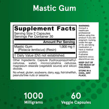 Mastic gum supplement facts label showing 1000 mg and 60 veggie capsules