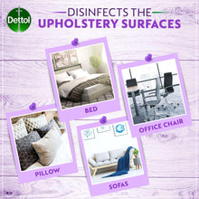Upholstery disinfectant spray infographic: bed, pillow, sofas