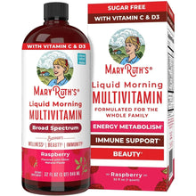 MaryRuths Liquid Morning Multivitamin bottle and box, raspberry flavored, 32 fl oz