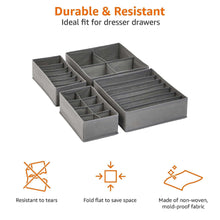 Gray fabric drawer organizers set of 4 with flat-fold design and reinforced sides