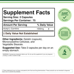 Double Wood Supplements Acetyl L Carnitine (150 Capsules, 75 Day Supply) 1,000mg ALCAR for Brain Function Support, Memory, Attention, and Stamina - Made and Tested in The USA