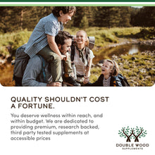 Family outdoors with Double Wood Supplements marketing card featuring quality message