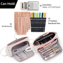 Canvas pencil storage bag with multiple slots and clear mesh pockets, grid pattern, pink trim