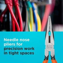 Orange-and-black needle-nose pliers with Black+Decker logo for precision work