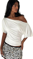 Women‘s Asymmetric Off Shoulder Top Slanted Neckline Ruched Waist Fitted Blouse Casual Party Wear Sleeveless Shirt