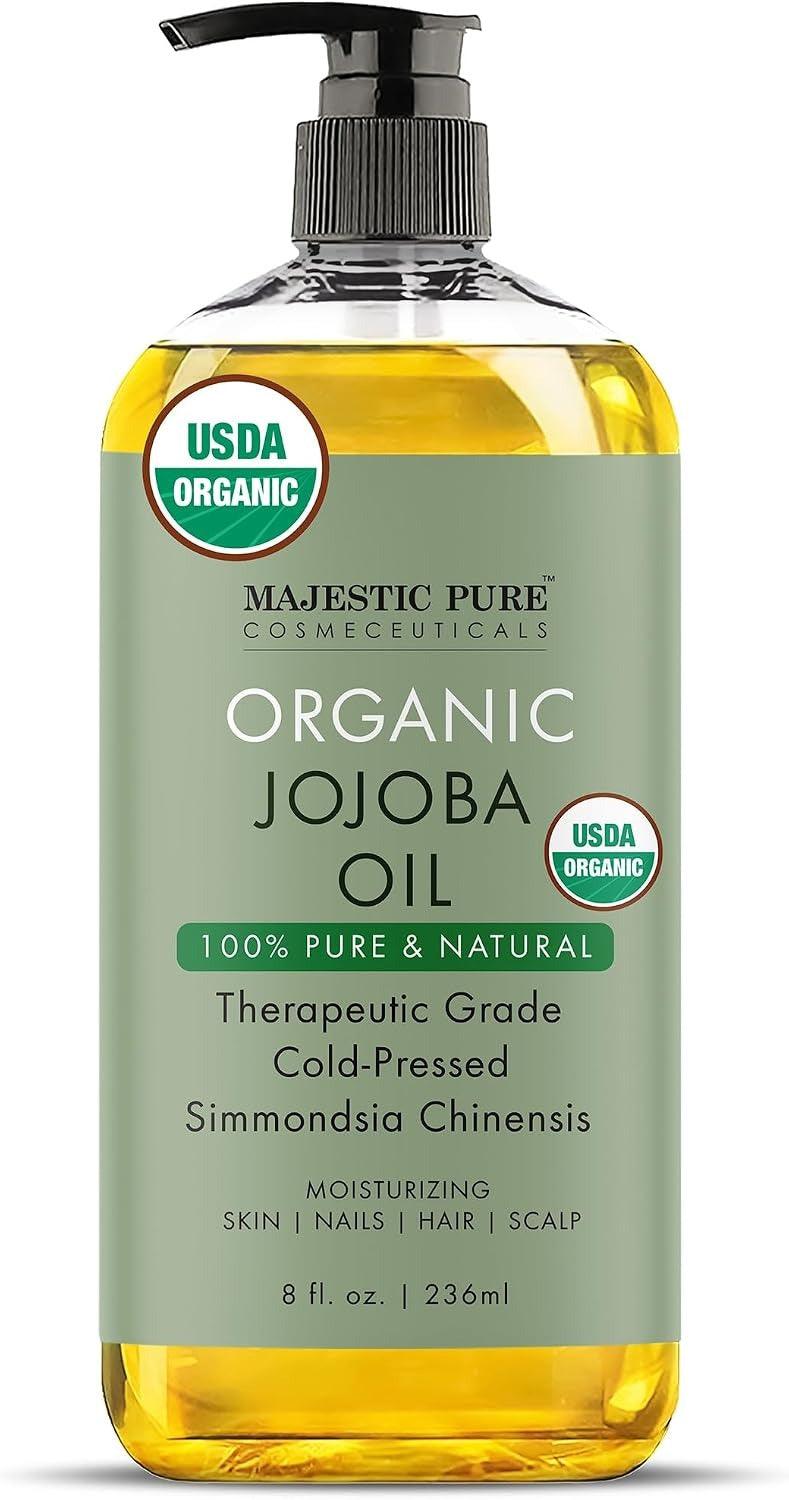 Large Majestic Pure organic jojoba oil bottle with pump, 8 fl oz; 100% pure & natural.