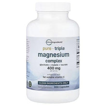 Magnesium complex supplement bottle with white cap; front label pure triple magnesium complex