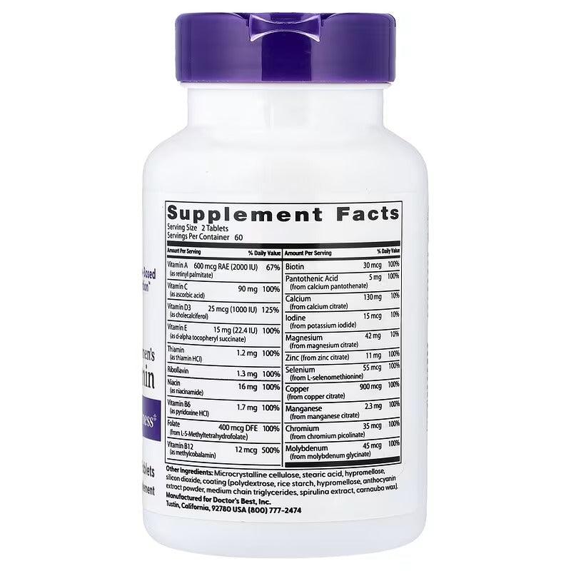 Women's multi-vitamin supplement bottle back with Supplement Facts label