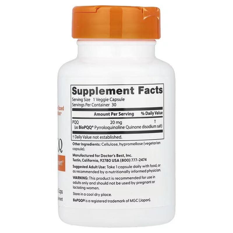 PQQ supplement bottle back label with Supplement Facts panel, 20 mg, 30 veggie capsules