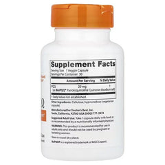 PQQ supplement bottle back label with Supplement Facts panel, 20 mg, 30 veggie capsules