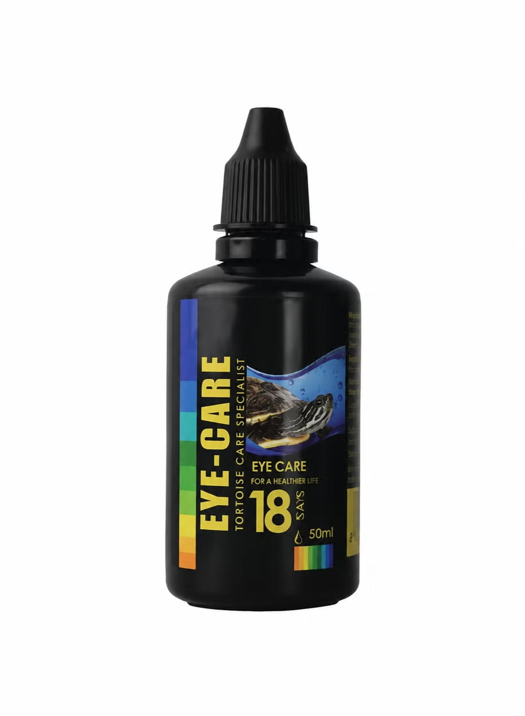 Eye care dropper bottle with black container and label, 18+ formula, 50 ml