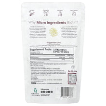 Biotin plus hyaluronic acid supplement pouch, Supplement Facts panel and barcode