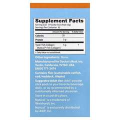 Supplement facts panel for fish collagen powder, 1 stick pack serving size 5 g