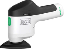 Cordless palm sander with black and white housing and rectangular sanding base
