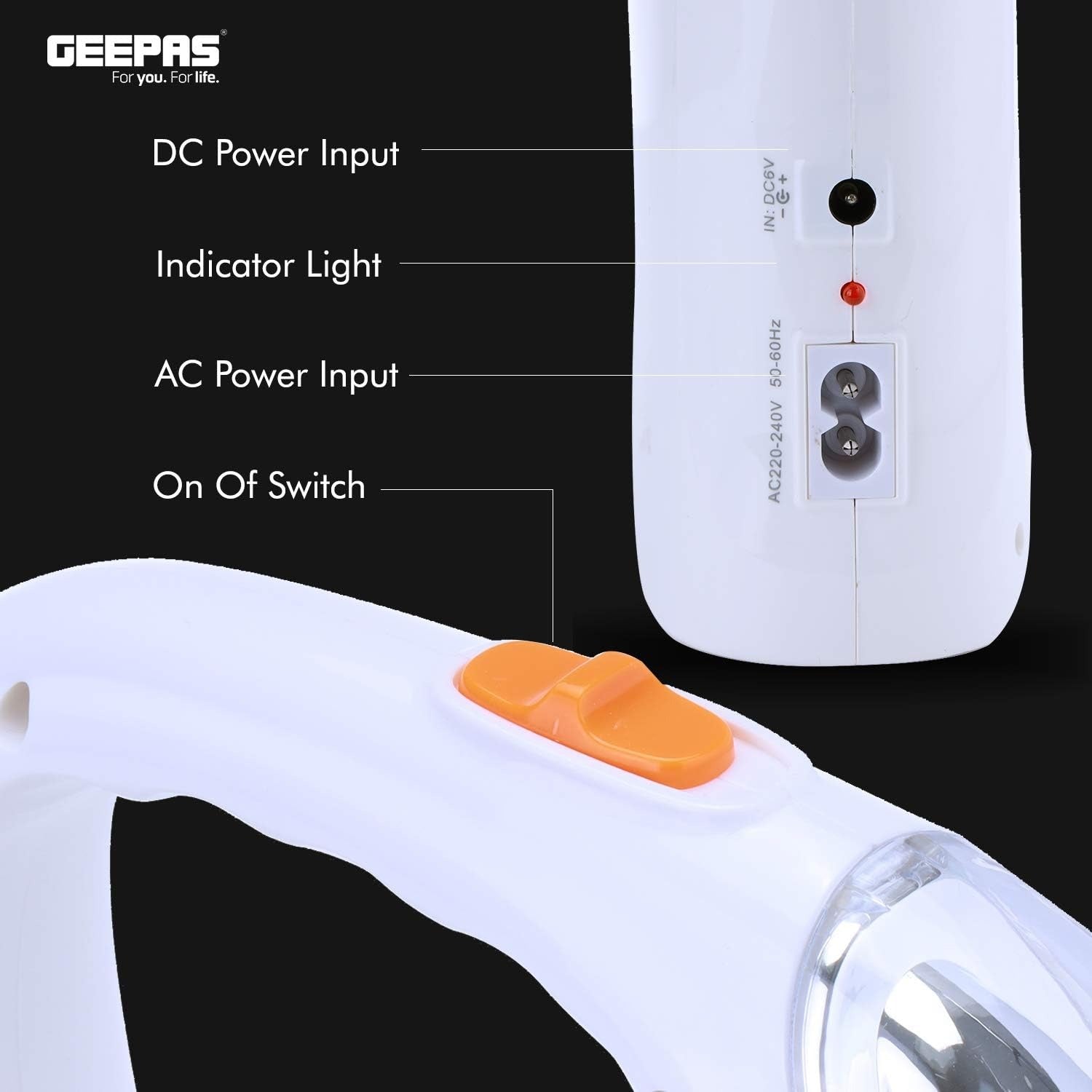 White LED emergency lantern base with orange power switch and DC/AC input panel