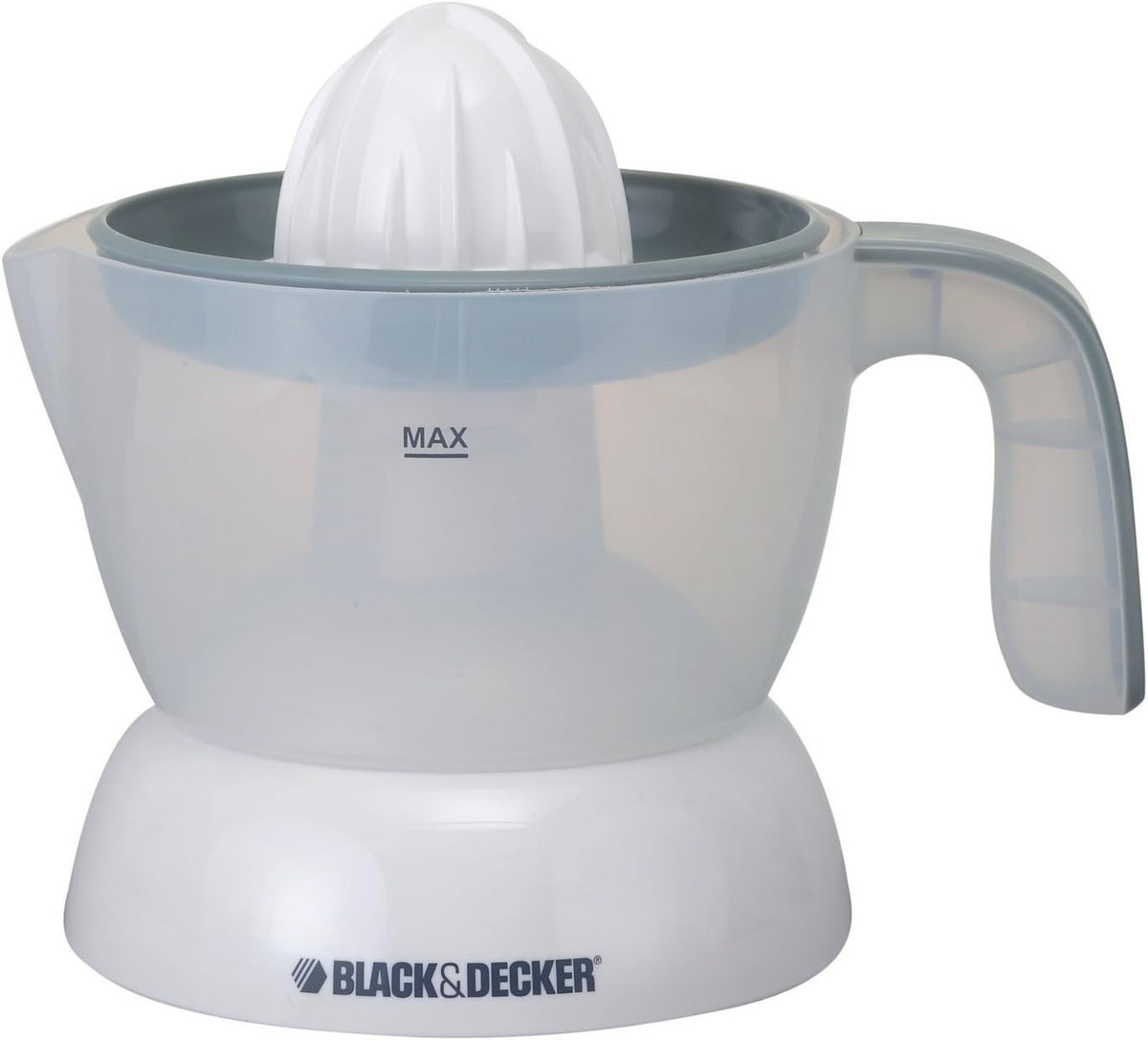White plastic citrus juicer with clear lid and MAX fill mark, handle on right.