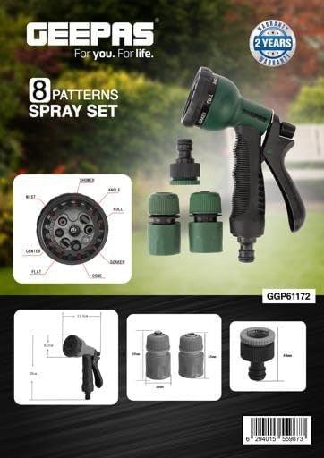8 patterns spray set box with green sprayer, fittings, and 2-year warranty badge
