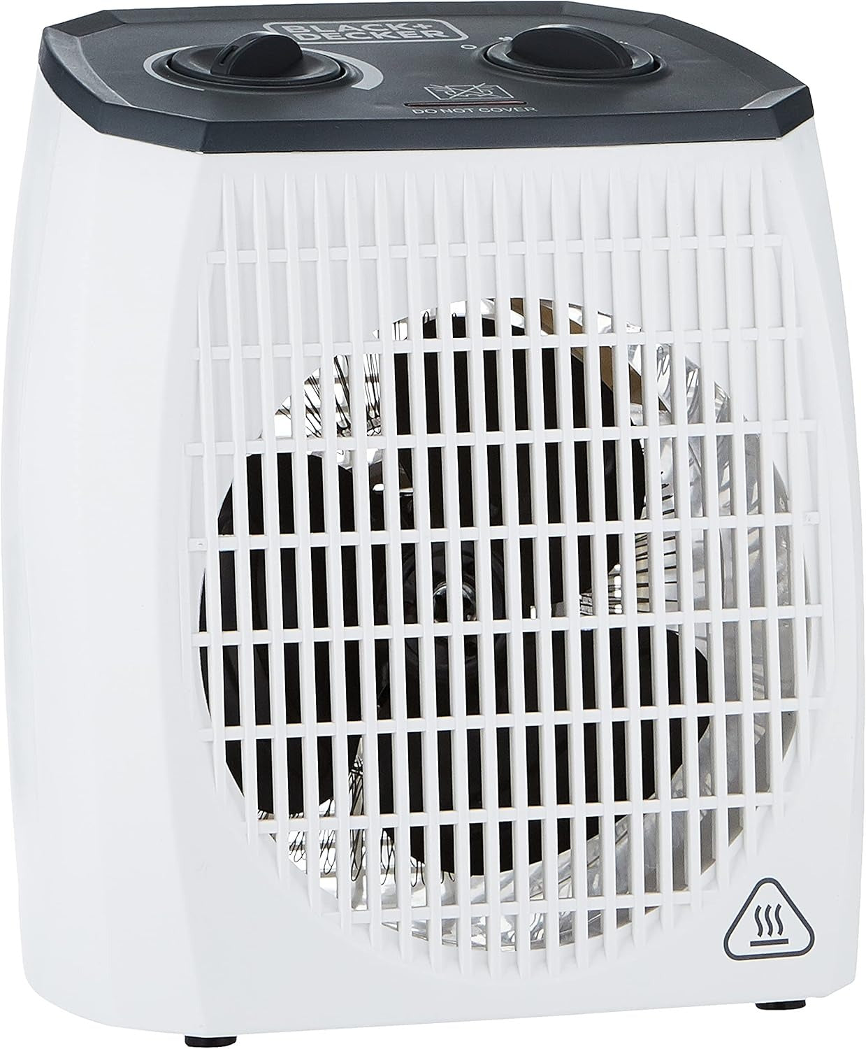 White vertical fan heater with grille front and twin top controls