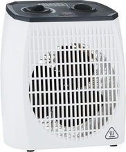 White vertical fan heater with grille front and twin top controls