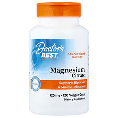 Magnesium citrate supplement bottle with orange cap and Doctor's Best label, 125 mg