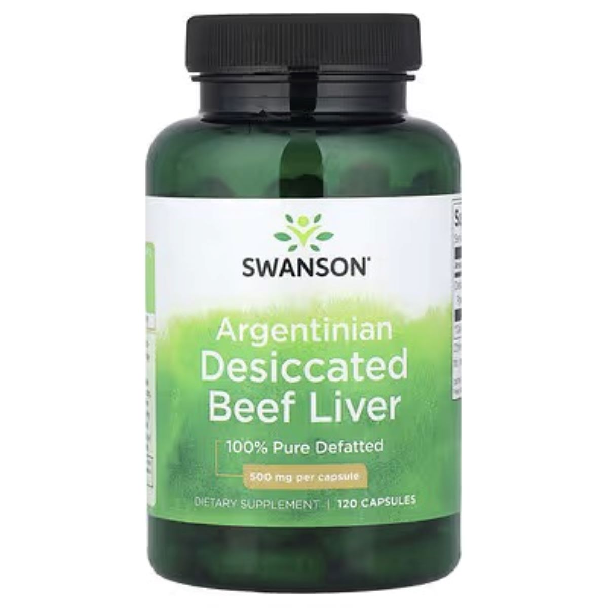 SWANSON Argentinian desiccated beef liver supplement bottle, front label, 120 capsules