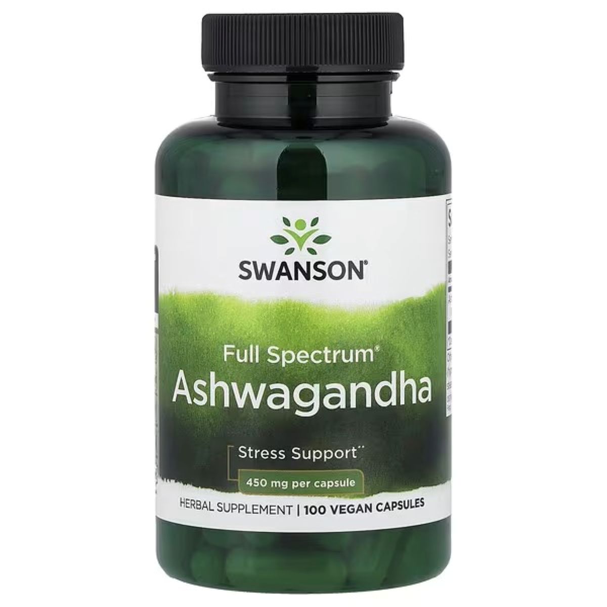 Ashwagandha supplement bottle with Swanson Full Spectrum label, 450 mg, 100 vegan capsules