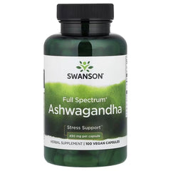 Ashwagandha supplement bottle with Swanson Full Spectrum label, 450 mg, 100 vegan capsules