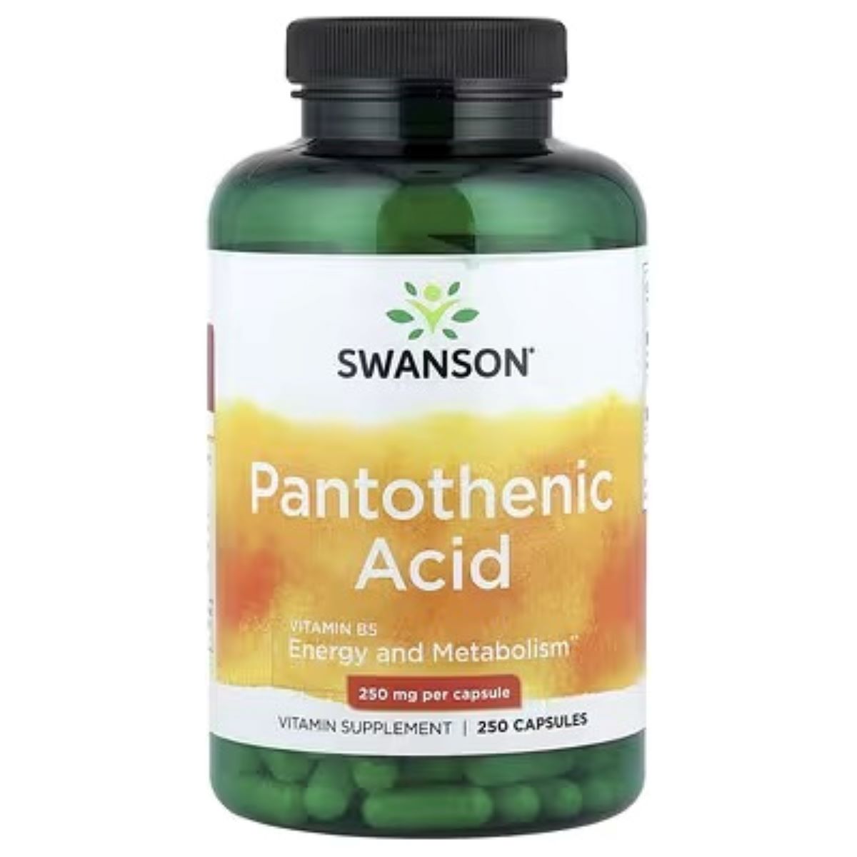 Swanson Pantothenic Acid supplement bottle, front label with 250 capsules and green capsules