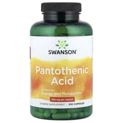 Swanson Pantothenic Acid supplement bottle, front label with 250 capsules and green capsules