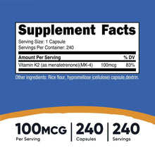 Supplement Facts label: Vitamin K2 100 mcg, 240 capsules, 240 servings