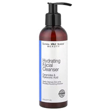 Hydrating facial cleanser bottle with black pump, front label text and blue stripe.