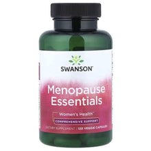 Swanson Menopause Essentials supplement bottle, black cap, green bottle with front label
