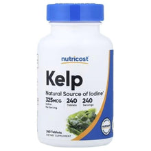 Nutricost Kelp iodine supplement bottle with blue cap and label, 325 mcg, 240 tablets