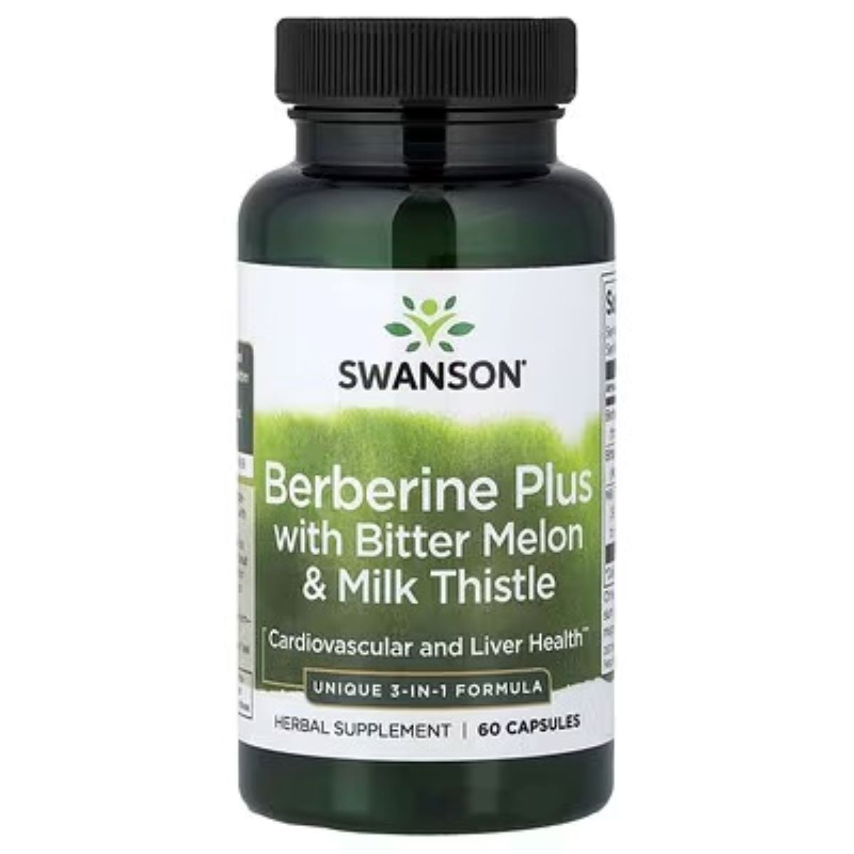 Herbal supplement bottle with label Berberine Plus, dark green bottle and black cap