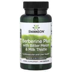 Herbal supplement bottle with label Berberine Plus, dark green bottle and black cap