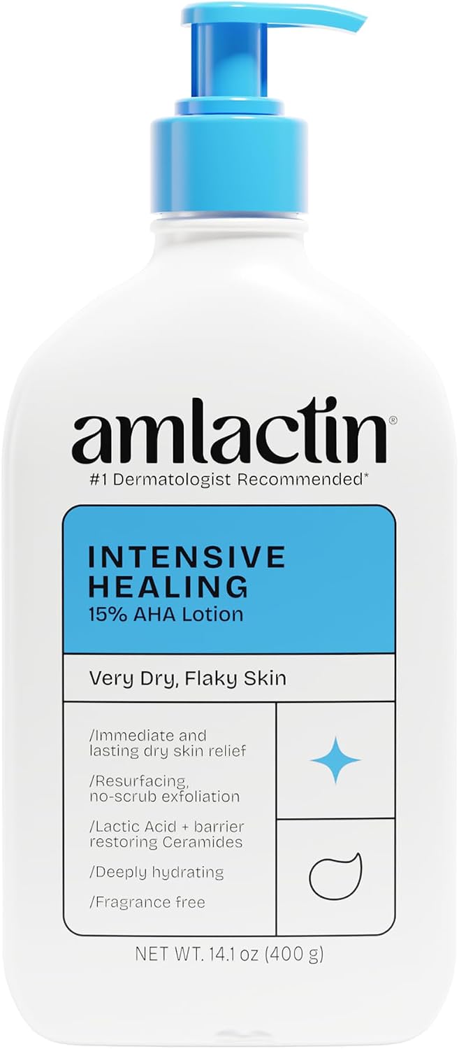 AmLactin Intensive Healing Body Lotion for Dry Skin, 7.9 oz Pump Bottle, 2-in-1 Exfoliator and Moisturizer with Ceramides and 15% Lactic Acid for 24-Hour Relief from Dry Skin (Packaging May Vary)