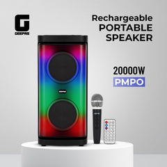 Geepas Rechargeable Portable Speaker- GMS11193/ RGB Light, USB Input, TF, TWS, FM Radio, VHF Microphone, Bluetooth/ 20000W PMPO Speakers Unit, with Remote Control.