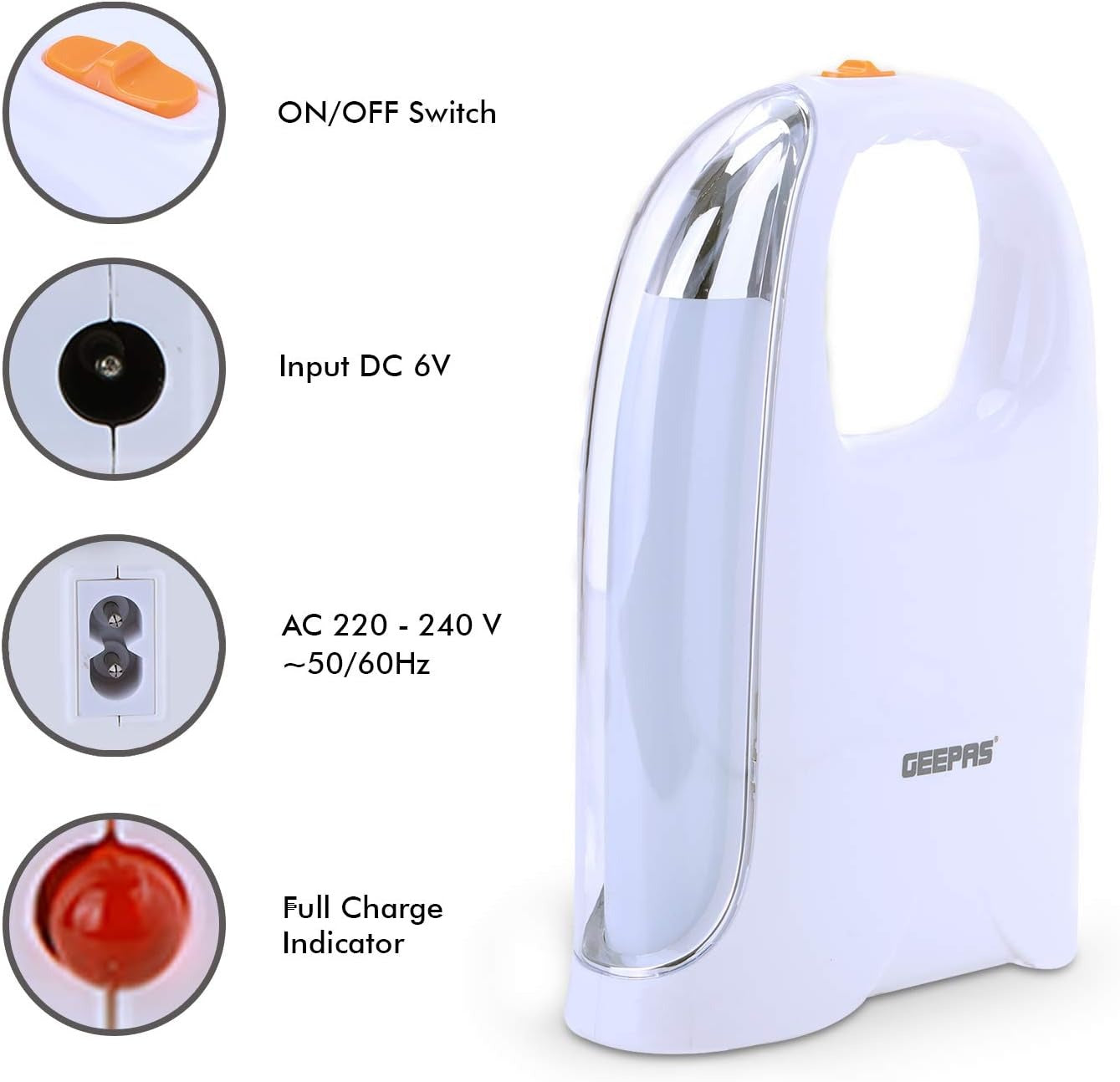 White rechargeable LED emergency lantern with orange top switch and front charging controls