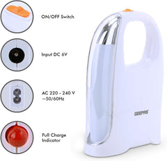 White rechargeable LED emergency lantern with orange top switch and front charging controls