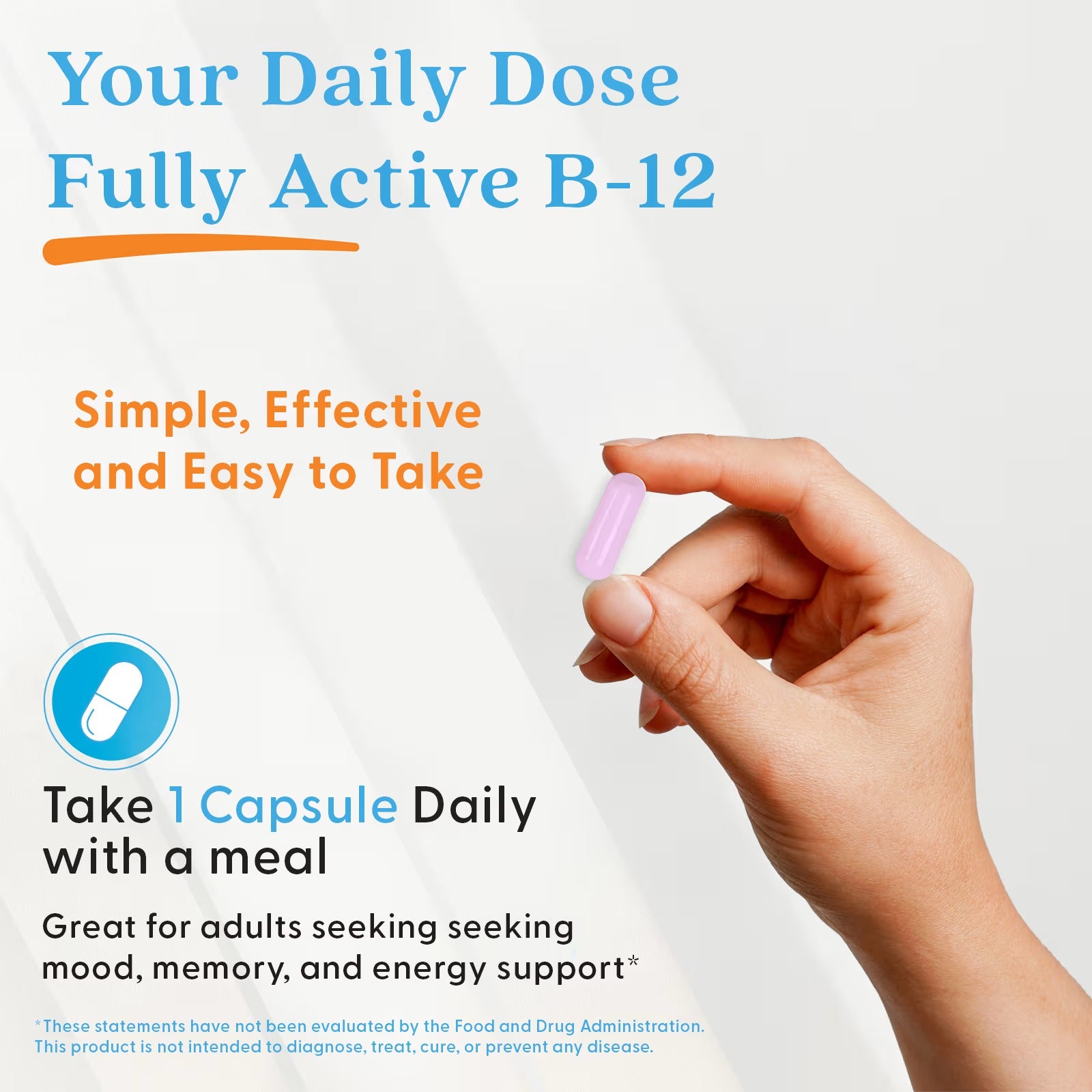 Hand holding a single pink capsule for Doctor's Best Fully Active B12, take 1 daily.