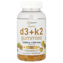 Vitamin D3 + K2 gummies supplement bottle, golden passionfruit, sugar free