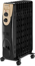 Oil radiator heater showing tall black fins, side control panel, and caster wheels