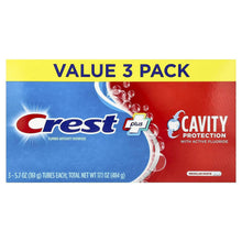 Crest cavity protection fluoride toothpaste value 3-pack box, red and blue with tube graphics