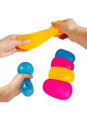 Assorted gummy bear squishy toys in blue, yellow, and pink with stack shapes