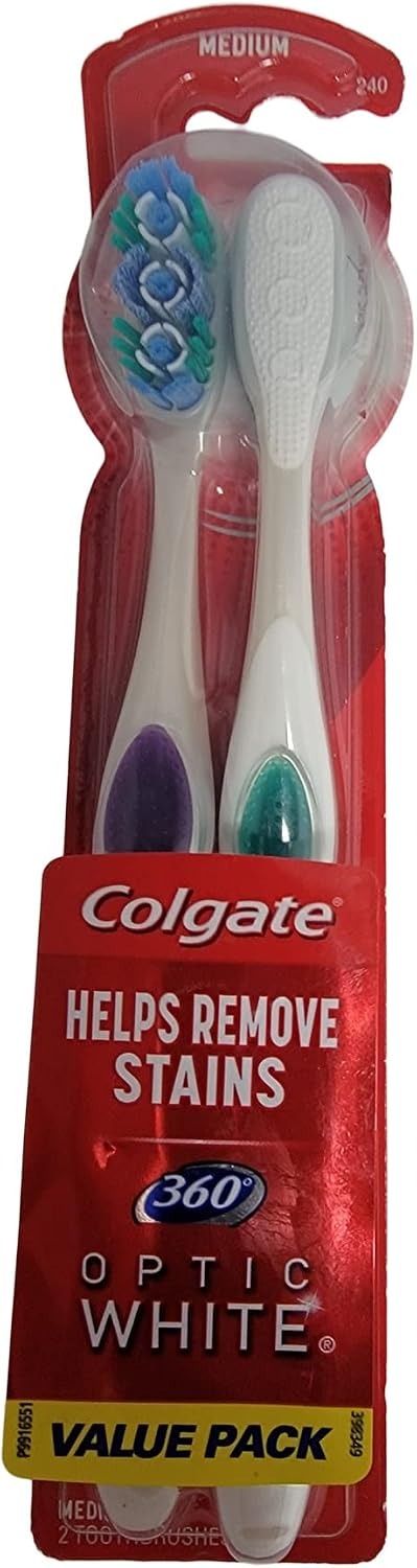 Colgate 360 Optic White toothbrush value pack with two medium bristle heads in red and white
